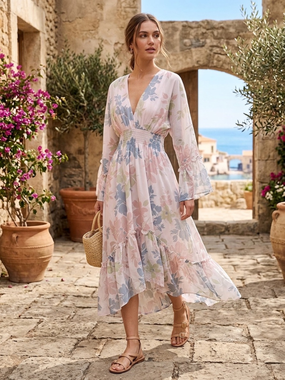 OneTheLand Take Me With You Floral Bell Sleeve Midi Dress in Pink